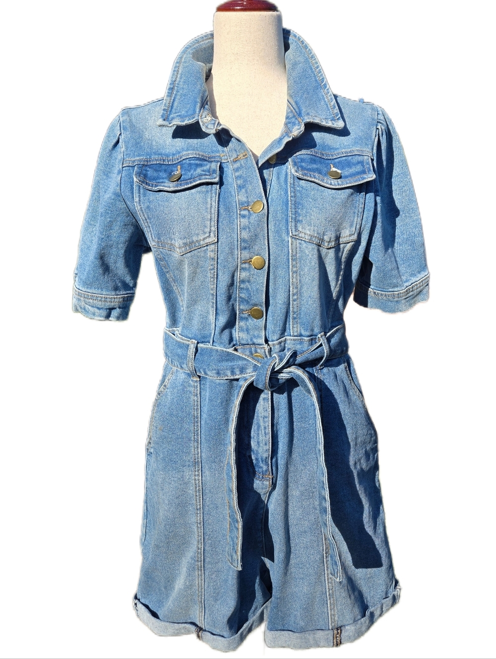 Avec Les Filles Denim Short Jumpsuit Romper Belted Light Blue Wash Large